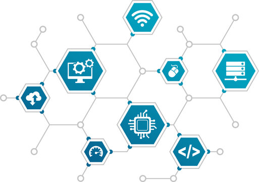 IT Vector Illustration. Concept With Connected Icons Related To Information Technology, Digital Services, Software, Online Network Or Computer Application.