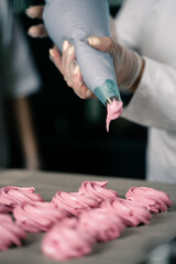 The process of making zephyr marshmallow at pastry shop kitchen.