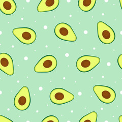 Seamless vector pattern Avocado on polka dot background Hand drawn in cartoon style Fruit pattern