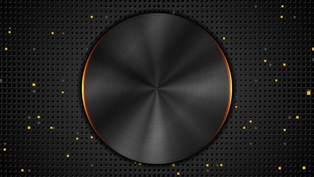 Technology abstract background with stylish button. Black metal texture and orange neon light. Dark perforated motion design. Seamless looping. Video animation Ultra HD 4K 3840x2160