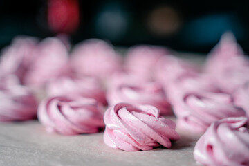 The process of making zephyr marshmallow at pastry shop kitchen.