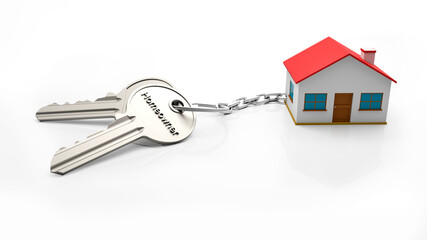 Keys and house. Key chain of a house with two keys and the text Homeowner. Real estate concept with house and key. Idea for real estate concept, personal property.