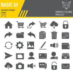 Basic UI glyph icon set, web mobile symbols collection, vector sketches, logo illustrations, ui icons, universal signs solid pictograms, editable stroke.