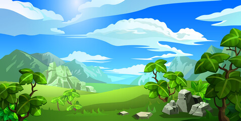 Forest landscape. Fantastic panorama of nature with green plants, hills and mountains.