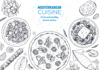 Mediterranean cuisine top view frame. A set of mediterranean dishes. Food menu design template. Vintage hand drawn sketch. Vector illustration. Food collection.