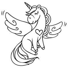 Hand-drawn flying magical unicorn with a heart. Contour on a white background.