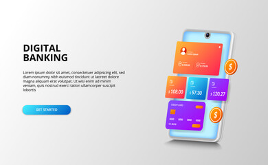 banking finance dashboard ui design concept for payment, bank, financial with credit card, golden coin, 3D perspective smartphone