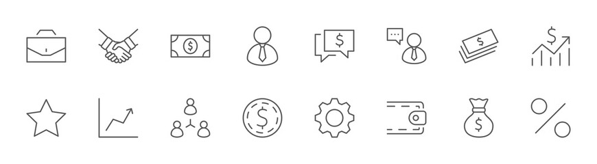Business Line Icons. Handshake, User, Dollar Icon, Gears,  Editable Stroke