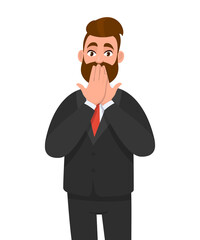 Scared young businessman covering mouth with hands. Shocked trendy person keeping fingers on lips. Human emotions & facial expressions. Modern lifestyle concept illustration in vector cartoon style.