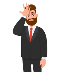 Unhappy young business man holding hand on forehead with frightened expression. Confused person with frowned face expression looking stressful having headache or pain. Vector cartoon illustration.