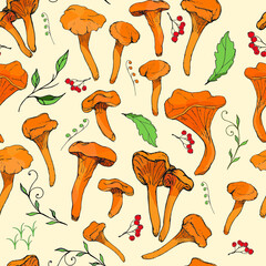 Chanterelles, orange mushroom caps, leaves, berries. Edible vegetarian organic mushrooms, seamless pattern, illustration. © Viktoria Suslova