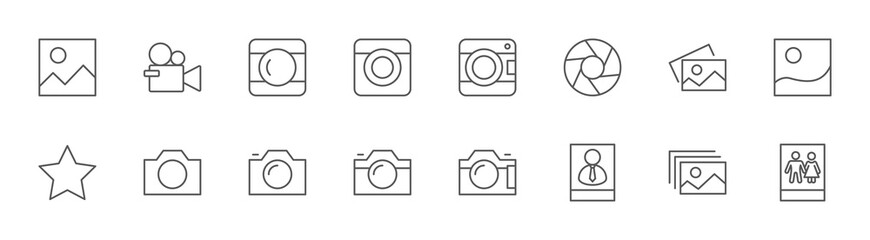 Cameras photo Line Icons. Symbols Portraits and Family Photos. Editable Stroke - obrazy, fototapety, plakaty