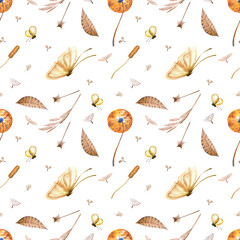 Watercolor seamless pattern of orange meadow flowers and wild grasses with vintage-style butterflies on a white background.