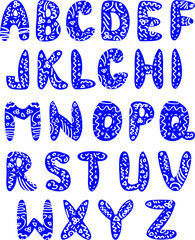 Funny ethnic font for scrapbooking. English handwritting alphabet. Vector ornament abc sign. 