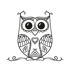 Vector hand drawn owl for adult and children coloring book, Black and white zentangle art illustration