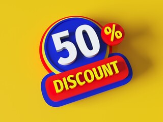 Discount 50% - 3d rendered concept banner badge design. Sale abstract creative layout. Bitmap raster digital illustration poster. Business finance sign. Advertising promotion badge. 
