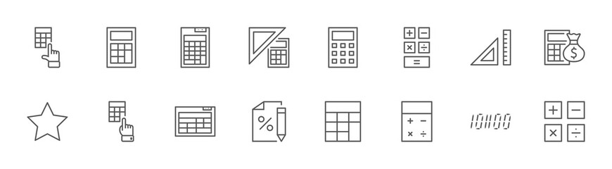 Calculation Line Icons. Icon, Pencil, Click, Money Bag, Percent. Editable Stroke