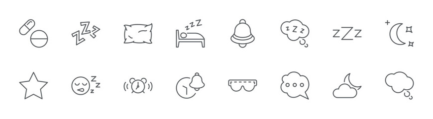 Sleep Line Icons. Icon Alarm Clock Pillow, Sleeping Pills, Bell. Editable Stroke