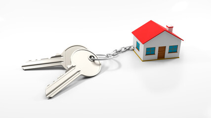 Keys and house. Key chain of a house with two keys. Real estate concept with house and key. Idea for real estate concept, personal property.