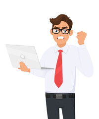 Angry young businessman holding laptop computer and making raised hand fist gesture. Frustrated person shouting or screaming. Modern lifestyle, digital technology illustration in vector cartoon.