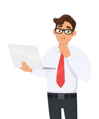 Stylish young business man holding laptop and asking silence. Keep quiet. Shut up. Trendy Person using or working computer. Male character design illustration. Modern lifestyle  in vector cartoon.