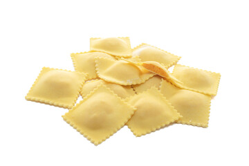 Classic uncooked ravioli pasta with pumpkins topping isolated on a white background