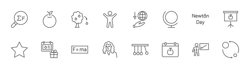 Newton's Day Line Icon. Newton, Laws of gravity, Flying Apple. Editable Stroke