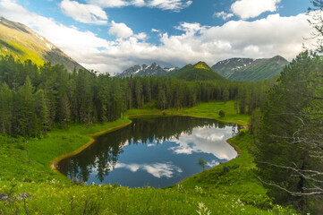 lake in the Altai Mountains against the sky with clouds