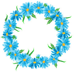 Beautiful template in the form of a flower arrangement of blue daisies for the design of postcards, photo frames, packaging, textile layout.
Circle design.