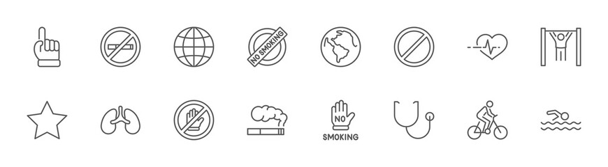 International No Tobacco Day Line Icons. Cigarettes, Smoking. Editable Stroke