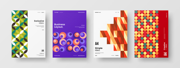 Fototapeta premium Company identity brochure template collection. Business presentation vector A4 vertical orientation front page mock up set. Corporate report cover abstract geometric illustration design layout bundle.