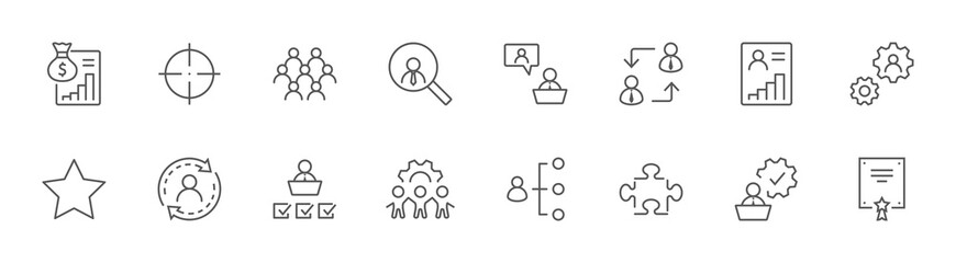 People Management Line Icons. Target, Processing, Head Hunting. Editable Stroke