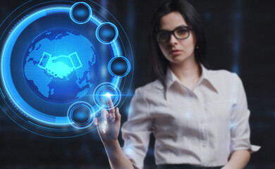 Business, Technology, Internet and network concept. Young businessman working on a virtual screen of the future and sees the inscription: