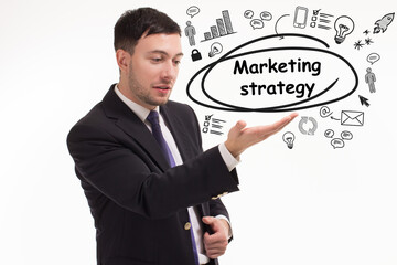 Business, technology, internet and network concept. Young businessman thinks over the steps for successful growth: Marketing strategy