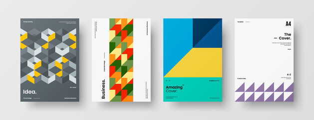 Fototapeta premium Company identity brochure template collection. Business presentation vector A4 vertical orientation front page mock up set. Corporate report cover abstract geometric illustration design layout bundle.