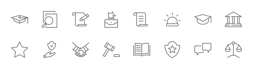 Law justice Line Icons. Icons as weapon, arrest, authority. Editable stroke