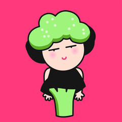 Broccoli Girl. Weight Watcher Woman Turn Into Healthy Broccoli Veggie Concept Card Character illustration