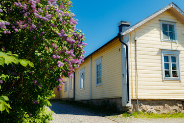 Obraz premium Beautiful street with old wooden houses and blooming lilac in old town of Porvoo
