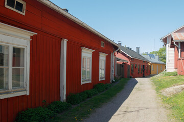 Beautiful street with old wooden houses in old town of Porvoo