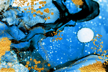 Unique creativity. Art&Gold. Inspired by the Sky. Abstract painting with golden swirls. Popular trendy artistic design. Masterpiece of designing art, oriental paper texture.
