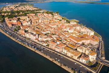 Aerial viewof the seaside town of Orbetello on the tuscan coast in the maremma eastern lagoon