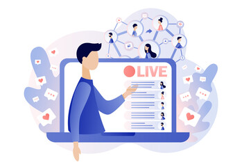 Live streaming. Tiny bloger that conduct live stream in social networks on laptop screen and viewers comment and like. Modern flat cartoon style. Vector illustration on white background