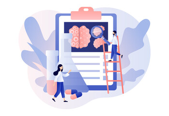 Neurology science and brain research concept. Head Tomography. Tiny people study human brain and psychology in laboratory. Modern flat cartoon style. Vector illustration on white background