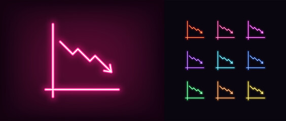 Neon downfall chart icon. Glowing neon drop chart sign, down arrow