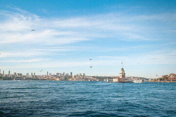 Fototapeta na wymiar Maiden's Tower and the ship in the Bosporus, Istanbul, Turkey