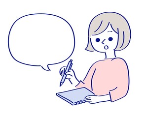 メモを取る女性　ブルー