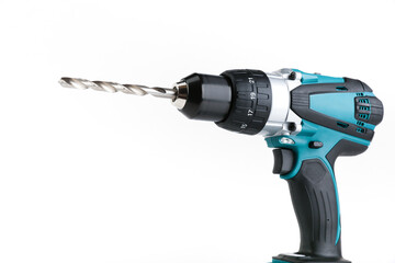 cordless drill with metal drill on white background with copy space