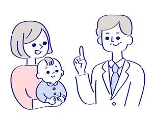 医者に赤ちゃんを診察してもらう母さん　ブルー