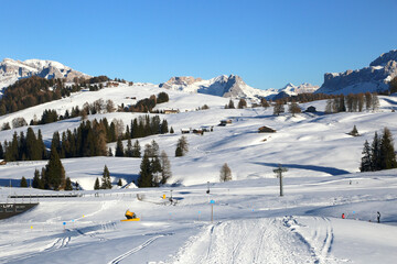 snowy landscape at Seis am Schlern  in winter of Dolomites, Italy 