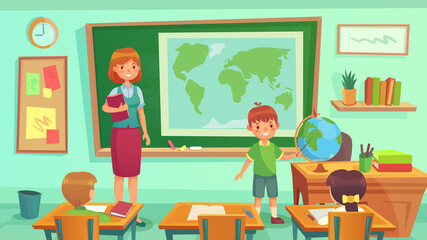 Geography class, teacher and pupils in room. Schoolboy showing country on globe. Woman teaching geography lesson with map on blackboard. School with children, education concept vector illustration
